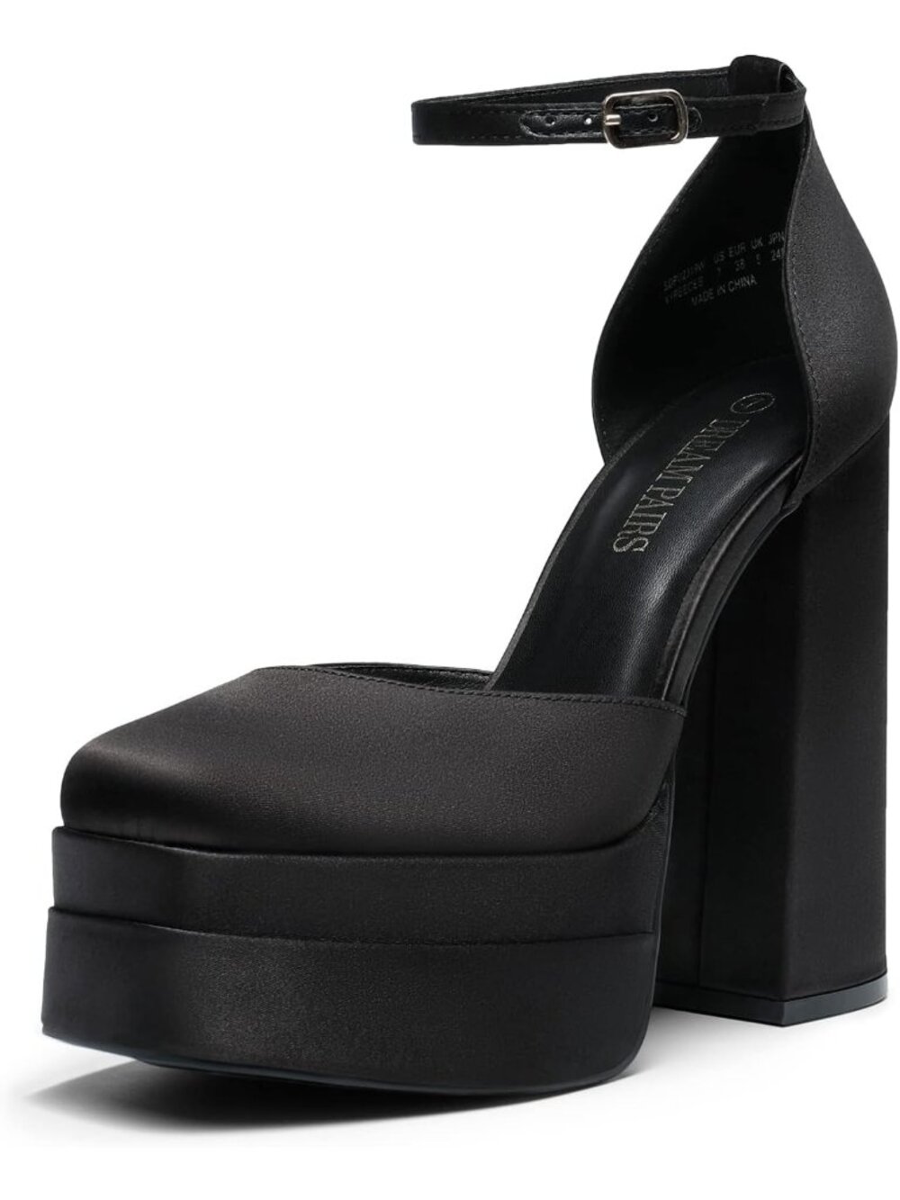 Women’s Black Satin High Chunky Platform Square Toe Ankle Strap Wedding Heel
